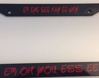 Mickey SPELLED OUT Cursive - Em Eye See Kay Ee Why Em Oh You Ess Ee -Black with Red License Plate Frame