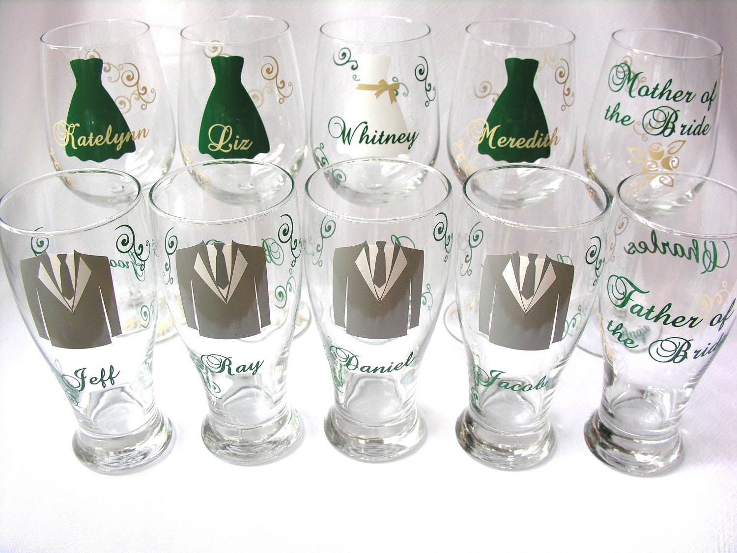Wedding party glasses wine glasses and beer pilsner glasses. Wedding party glasses wine glasses and beer pilsner glasses.
