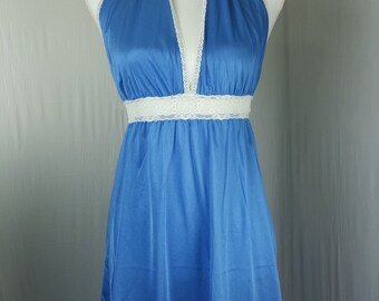 Movie Star Womens Nightgown Halter Nylon Lace Vintage Pinup Slit Side Slinky
