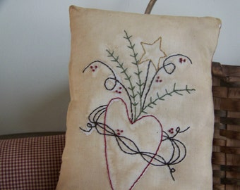 Primitive Grungy Stitchery Heart And Star Ticking Stripe Pillow