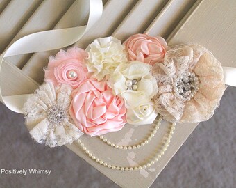 Blush Maternity Sash, Blush Pink Maternity Sash, Maternity Sash, Flower Sash, Baby Shower Sash, Belly Sash, RTS, Blush Pink, Cream, Ivory