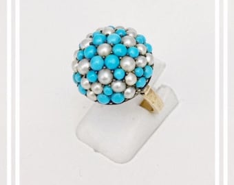 Circa 1910 Rare Silver Turquoise and Pearl Bombe Ring