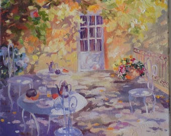 French terrace painting, oil painting