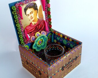 Frida Kahlo Cigar Box Shrine Ofrenda Altar - Mixed Media One of a Kind Assemblage
