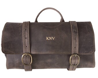 Personalized Distressed Brown Leather Hanging Travel Toiletry Bag - Toiletry Bag - Husband Gifts - Gifts for Him - Groomsmen - GC1622
