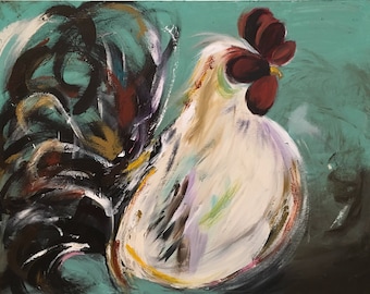 Original Rooster Painting on a Wood Panel Farm Art