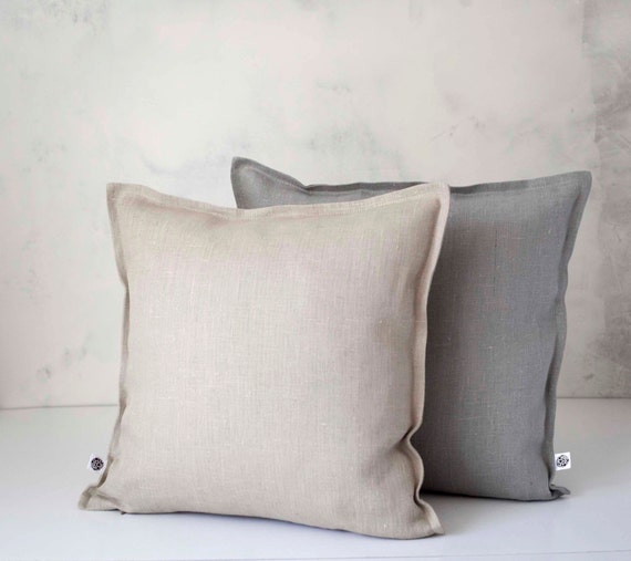Set of linen throw pillows - decorative linen pillow covers grey and natural - decorative cases - cushion covers 0004