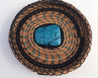 Navy and Turquoise Pine Needle Basket - Item 825 by Susan Ashley