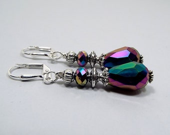 AB Metallic Earrings, Crystal Teardrop Earrings, Silver Plated, Drop Earrings, Beaded Dangle, Multi Color, Lever Back Hook