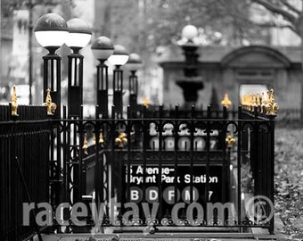 Photograph of New York Subway, Black & White New York Photography, Gold, Bryant Park, NYC Subway, Office Decor, Men