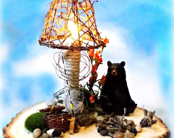 Bear Rustic Cabin Night Light Lamp Fishing Lake House Woodsy Cabin Decor Hunting Fire Camping Woods