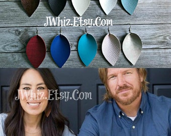 Joanna Gaines Leaf Earring, Leather Leaf Earring, Boho Jewelry, HGTV Fixer Upper, Rustic, Black, Brown, Cream, Blue, Turquoise, Teal, Gold