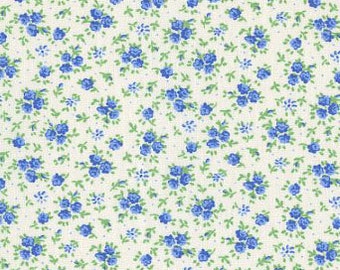 Studio e - Blue Calico Flowers on White Background - Cotton Woven
