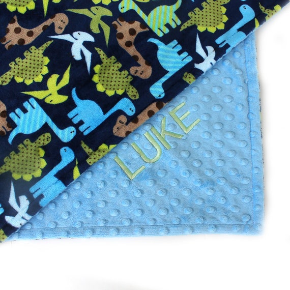 Baby Blanket Personalized, Minky Baby Blanket Boy, Dinosaurs Blanket Boy Blue Green, Baby Boy Blanket, Baby Shower Gift, Kids Minky Blanket
