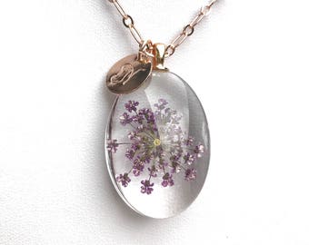 initial necklace, hippie, pressed flowers, dried flower necklace, rose gold necklace, Terrarium, Queen Anne's lace, Real flower in resin