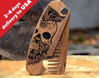 Boyfriend Gift Skull Beard Hair Comb Engraved Beard Brush Man Grooming kit Stag Party Gift for Husband Guy Brother Dad Boyfriend