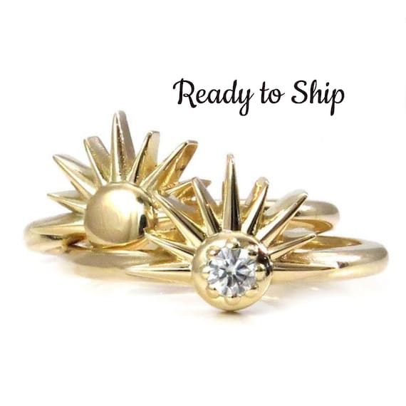 Ready to Ship Size 7-9 - Diamond Sunshine Ring - Art Deco Yellow Gold Sun Engagement Ring