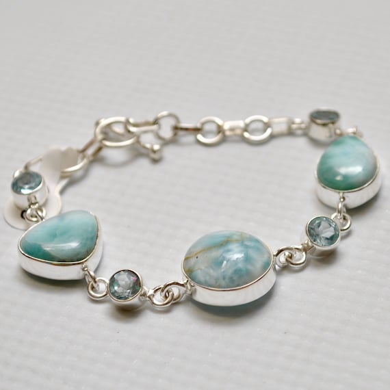 Sterling Silver Three Stone Larimar with Topaz Bracelet #7139