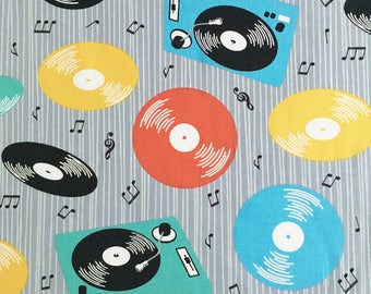 Music records fabric, retro vinyl, fifties 50s, sixties 60s, rockabilly, turntable LPs, retro fabric, musical, vintage, by the metre