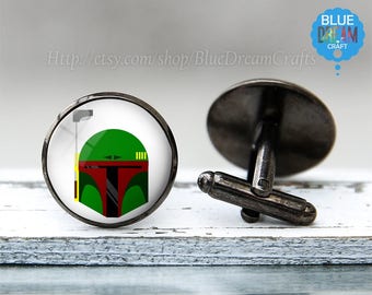 Mens Boba Fett Cufflinks Star Wars Superhero Geek Comic Nerd Movie Cufflinks for Man Personalized Geekery Gifts Wedding Cuff link for dads