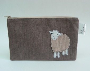 Little Pink Herdwick Sheep applique zipped pouch, pencil case, notions pouch