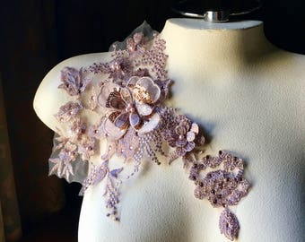 Metallic ROSE GOLD 3D Applique , Beaded and Embroidered for Lyrical Dance, Ballet, Couture Gowns F15-2