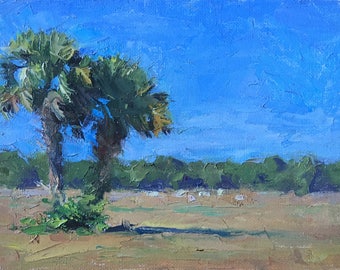 Palm Tree Tropical Painting - Small Painting - 6x8 - Impasto Strokes - Impressionist Painting - Two Palm Trees - Florida Landscape Painting
