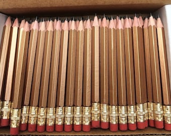 48 Gold Mini short half Hexagon Golf #2 Pencils W/erasers Pre-Sharpened Made In the USA Non Toxic Latex Free Express PencilsTM