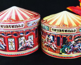 Vintage CAROUSEL HORSE Tins by CHURCHILLS - Set of 2 / Embossed & Themed Early 20th Century England / 5 " Tall and 4.5" Tall / Great Gifts