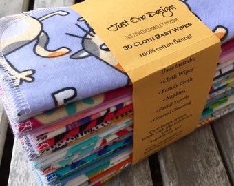 30 Reusable Cloth Baby Wipes- 7"x7" 2 Ply Flannel Special Sale Price You pick Patterns, or Assorted Ready to Ship