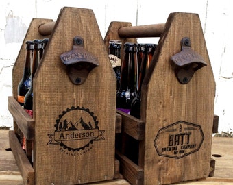 BBQ Rustic 12oz Six Pack Wooden Beer Caddy Tote With Bottle Opener, Beer Storage