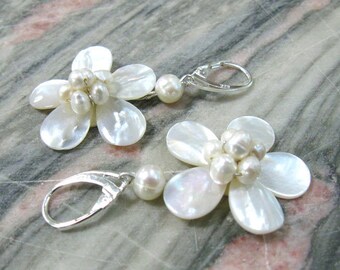 White flower mother of pearl earrings sterling silver dangle earrings freshwater pearl earrings bridal jewelry wedding anniversary gift her
