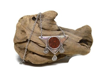 Ethnic silver necklace leather rust trout, fish leather, Nanai collection