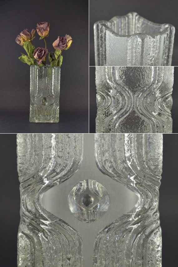 Vintage Square Glass Vase Heavy Glass Vase Brutalist Glass 