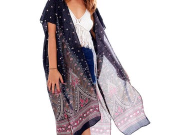 Black Boho Kimono, Womens Kimono Beach Cover Up, Hippie Gypsy Bohemian Kimono Shawl, 3/4 Tribal Kimono Jacket Cardigan, Shrugs