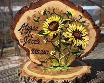 Rustic Sunflowers Wedding Cake Topper, Custom colors, hand painted and personalized!