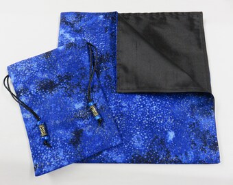 Golden Highlights - Silk Lined - Blue cotton w/ Golden Sparkles Spreadcloth Set, Altar Cloth, Reading Cloth, Handmade Tarot Cloth and pouch