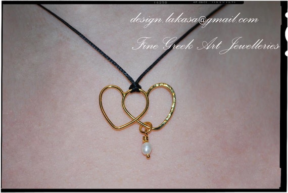 Hearts Necklace Sterling Silver Gold plated Pearl Handmade Jewelry Fine Greek Art Valentine Woman Mother Anniversary Romantic Love Birthday