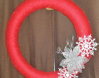 Red Yarn Wreath with silver accents