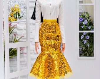 ELENPRIV golden sequined godet skirt for Sybarites on Gen X body and similar body size dolls