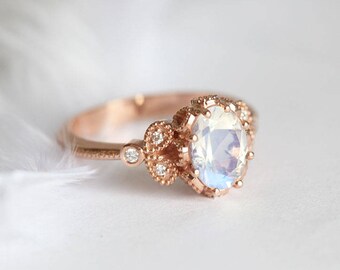 Moonstone Engagement Ring, Rainbow Moonstone Ring, Blue Moonstgone Ring, Moonstone Diamond Ring, Diamond Moonstone Ring, Oval Moonstone Ring