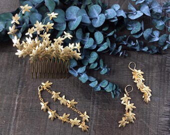 Brautschmuck, Set, Gold, Vintage Stil, Ohrringe, Armband, Steckkamm, Woodland, Hochzeit Schmuck, Boho Brautschmuck, Trauzeugin, Brautjungfer