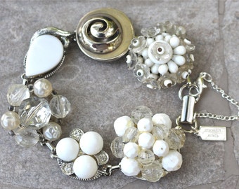 Bridesmaid Gift, Vintage Earring Bracelet, Upcycled, Thermoset, Silver, Milk Glass, Rhinestone, Jennifer Jones, Under 40, OOAK - Milky Way