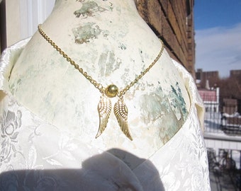 HARRY POTTER Gold Ball w. wings QUIDDITCH Snitch pendant w. Gold Pltd chain or Hermione Time turner hour glass sand necklace