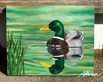 Mallard duck reflection, original acrylic painting