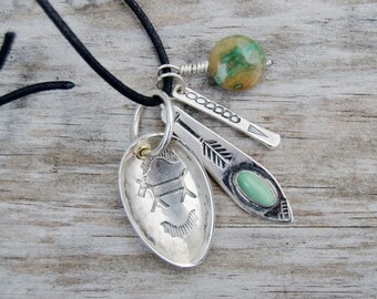 Sterling Charm Necklace . Turquoise . Charms . Vintage Charm Necklace. Handmade . Fine Silver . Rustic . Earthy . Boho .