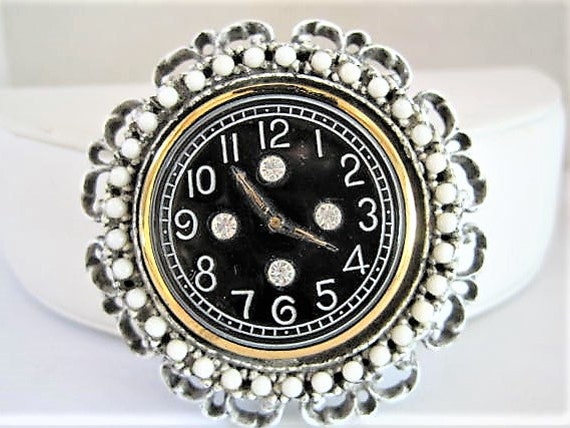 Art Deco Brooch/Pendant, Vintage Clock Face, Rhinestone Highlilghts, Black Enamel Face, White Washed Setting