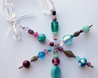 Teal and Pink Beaded Deco Flake Ornament