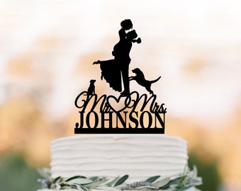 Custom Wedding Cake topper 2 dogs, bride and groom silhouette, personalized wedding cake topper letters, unique dog cake topper