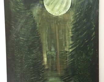 Moonlight Pine Trees Acrylic Painting